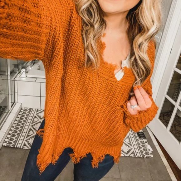 Shredded Sweater - Long Sleeve - V-Neck Lantern Sleeves - Distressed Look - Picture 8 of 11